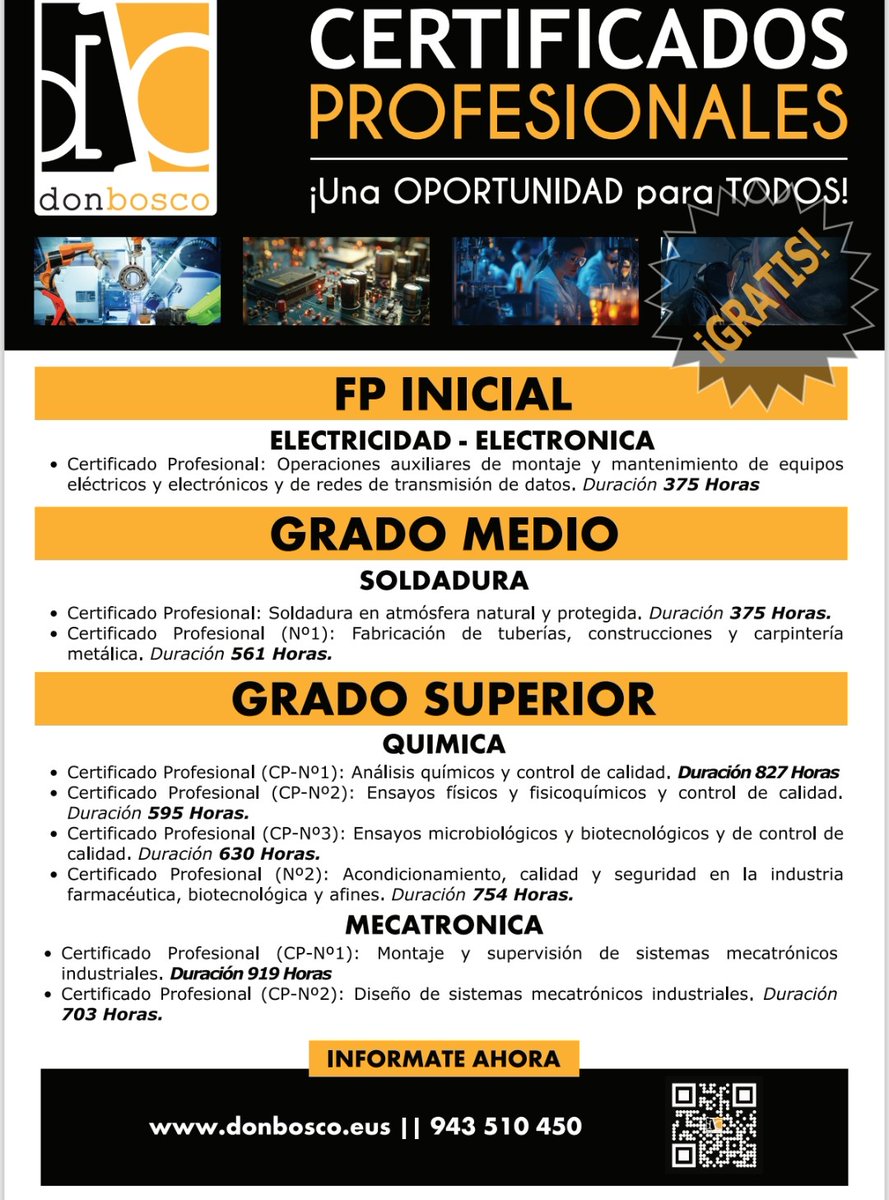 FPdonboscoLH's tweet photo. 💥9 Certificados profesionales en Electrónica, Soldadura, Mecatrónica y Química.‼️
ℹ️mas INFORMACIÓN 👇
🌐https://t.co/fIHHAdH4US
☎️ 943 510 450
#certificadosprofesionales #gradosC https://t.co/5kk9OP8MFl