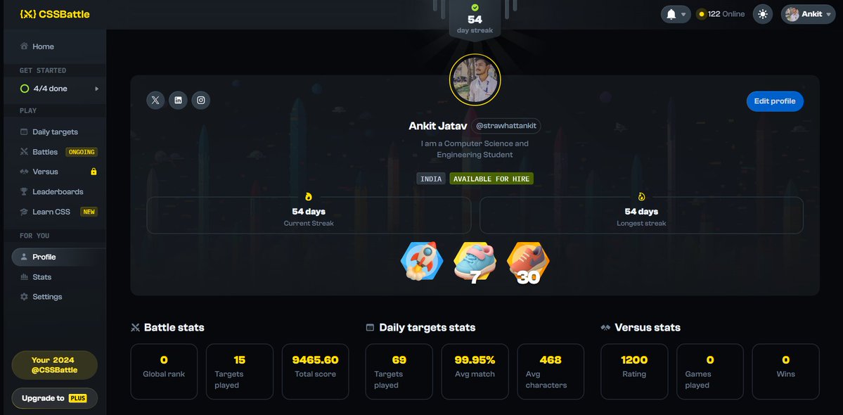 AnkitJa46246287's tweet image. 54 days deep into the CSS arena 🧩 Each target, a new way to think in code. #CSSBattle #frontenddev