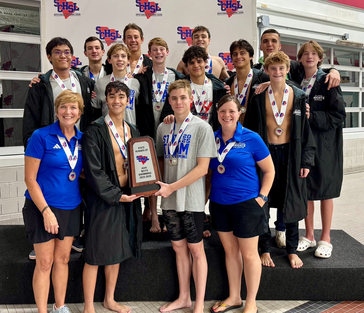 sjcs_athletics's tweet photo. The SJCS boys swim team repeated as state runners-up in the Class 3A meet Friday at the Carolina Natatorium in Columbia! The Knights finished behind only Academic Magnet and three points ahead of last year's champion, Greer Middle College. Walker Simpson took first in the 200 IM. https://t.co/gHTnN0EJi6