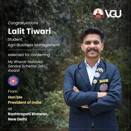 pandityaa's tweet image. Heartiest congratulations to Lalit Tiwari!
Lalit tiwari student of Agri-Business Management, has been honoured with the “My Bharat National Service Scheme (NSS) Award” by President Smt. Droupadi Murmu for his outstanding work in environmental conservation and blood donation.