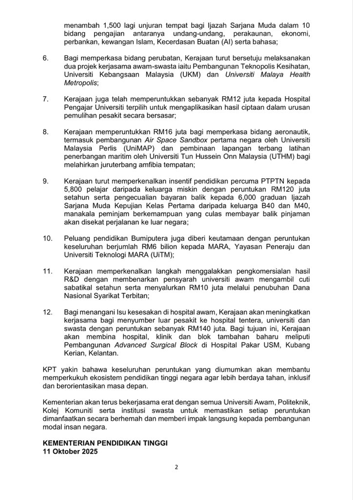 [SIARAN MEDIA] Belanjawan 2026: RM18.60 Bilion Pacu Pendidikan Tinggi Negara

 "Belanjawan MADANI Keempat: Belanjawan Rakyat"

<a href="/ZambryOfficial/">Zambry Abd Kadir</a> <a href="/MustaphaSakmud_/">MustaphaSakmud</a> 

#RancakkanMADANI
#MADANIbekerja
#MalaysiaMADANI
#Belanjawan2026