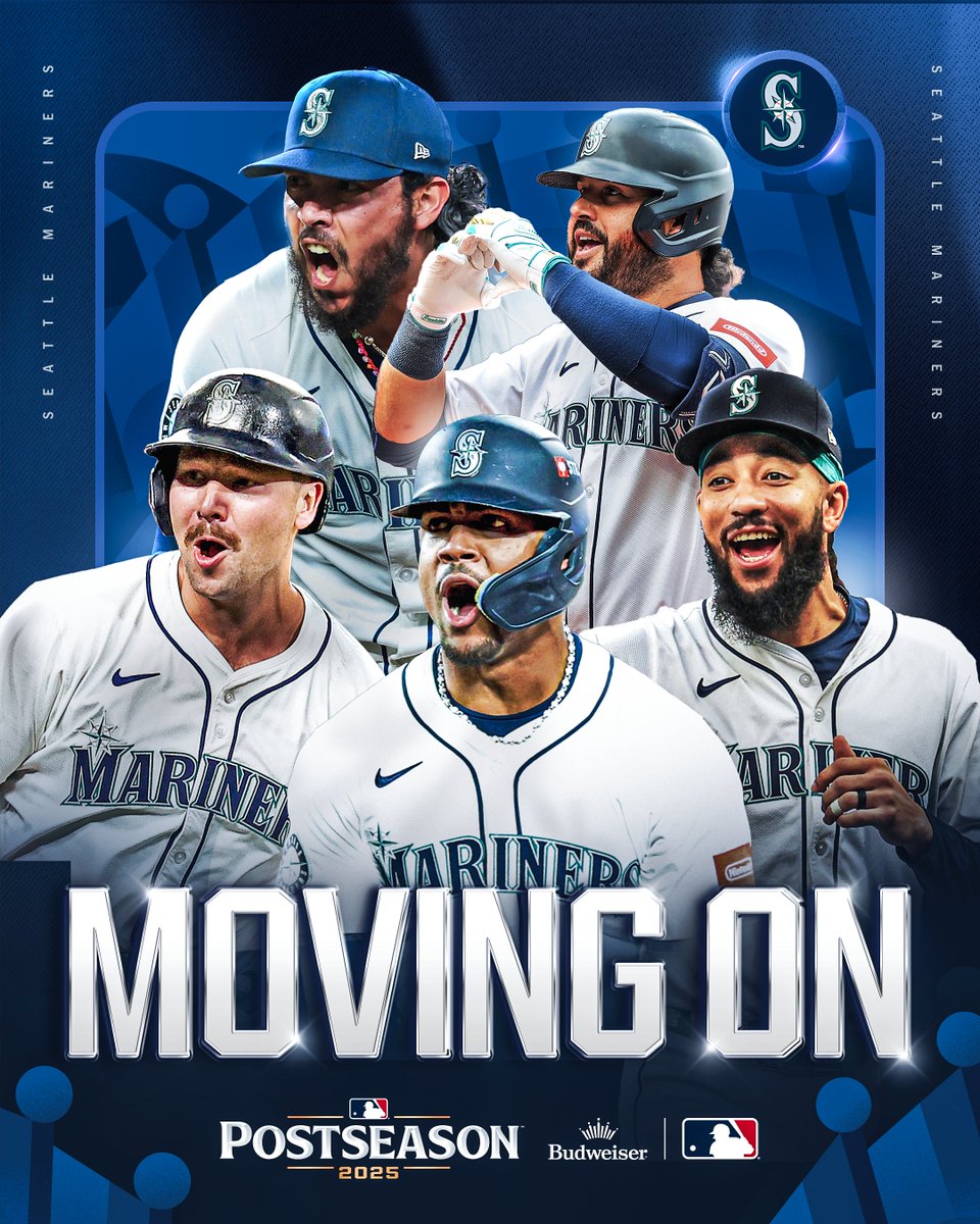 MLB's tweet image. THE @MARINERS ARE GOING TO PLAY FOR THE AMERICAN LEAGUE CHAMPIONSHIP 🔱

MY OH MY! #CLINCHED