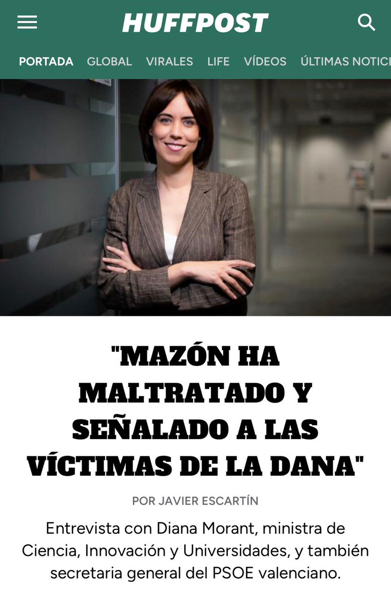 EN PORTADA: Entrevista a <a href="/DianaMorantR/">Diana Morant</a>: "Mazón era un político de barra de bar y de TikTok. Todo muy divertido. Pero el día que los valencianos le necesitábamos, estaba en El Ventorro"
huffingtonpost.es/politica/diana…
✍️ Por <a href="/javierescarting/">Javier Escartín</a>