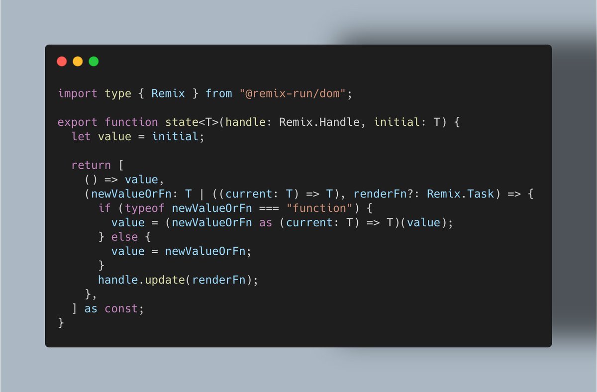 sergiodxa's tweet image. I read some didn't liked @remix_run v3 manual this.update(), so I wrote a simple `state` helper that works like React's useState and automatically trigger a re-render on state changes