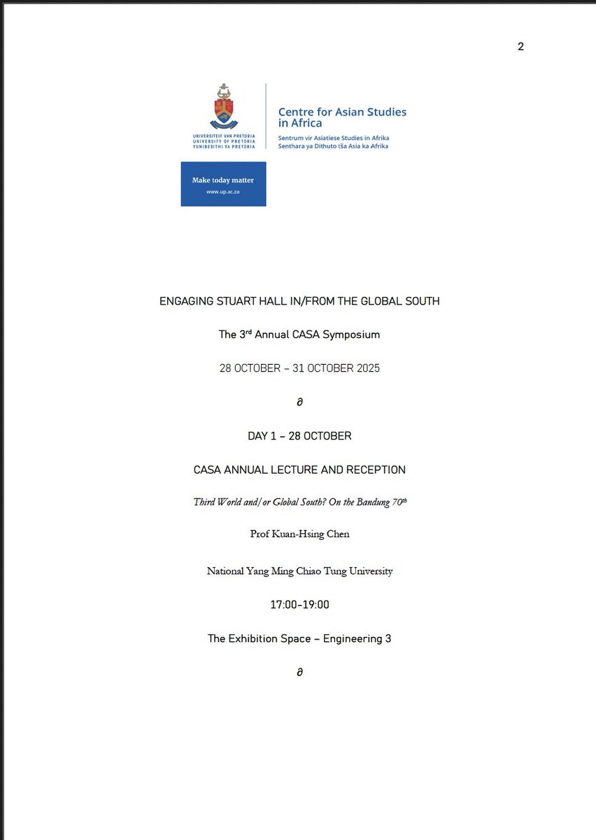 CAsianSAfricaUP's tweet image. CASA is hosting its third annual symposium from 28 to 31 October, and the theme is &quot;Engaging Stuart Hall in/from the Global South&quot; 🔥🔥🔥

With a keynote from Kuan-Hsing Chen, the symposium aims to explore the power of Hall&apos;s thought across Southern contexts. 

Programme below 👇