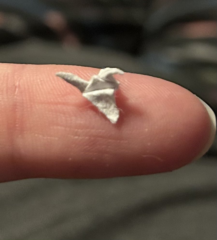 I made an 8 mm long paper crane, her name is christiane and her favorite song is warszawa