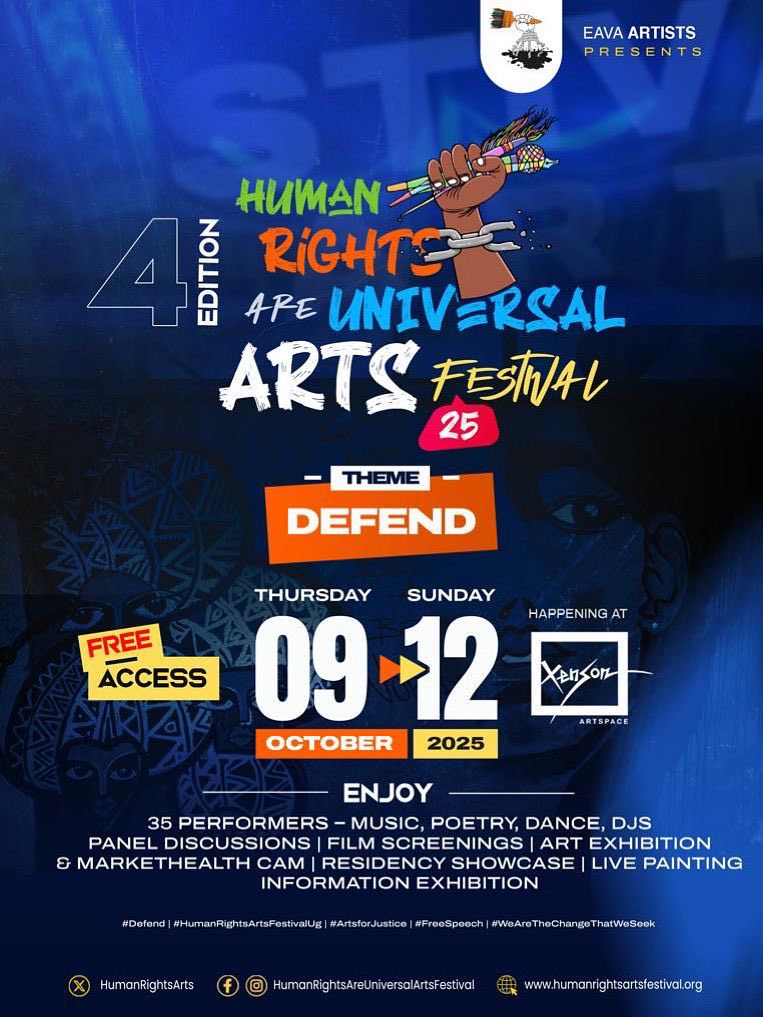 socialgems_ug's tweet photo. The #HumanRightsArtsFestivalUg, is a powerful collaboration between EAVA Arts and Bavubuka Foundation! 

It’s all about CELEBRATING ART, DIALOGUE & HUMAN RIGHTS, while bringing together artists, activists, and citizens to reimagine the role of art in defending human rights and demanding accountability.

Oct 9-11th at Xenson Art Space Kamwokya.
Don’t miss out! 🤗
#WeAreSocialGems