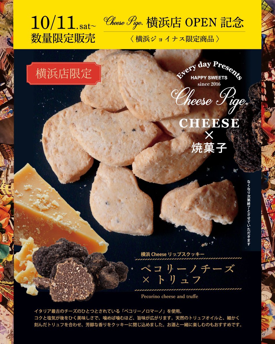 【Cheese Pige横浜ジョイナス店 OPEN】

新店舗オープンを記念し、
横浜店限定商品をCheese Pige全店で販売✨

トリュフを使用した贅沢な焼菓子2種類をご用意。

数量限定ですので、お早めにご来店くださいませ💫

#CheesePige #チーズピゲ #埼玉 #チーズスイーツ 
#新作商品 #期間限定