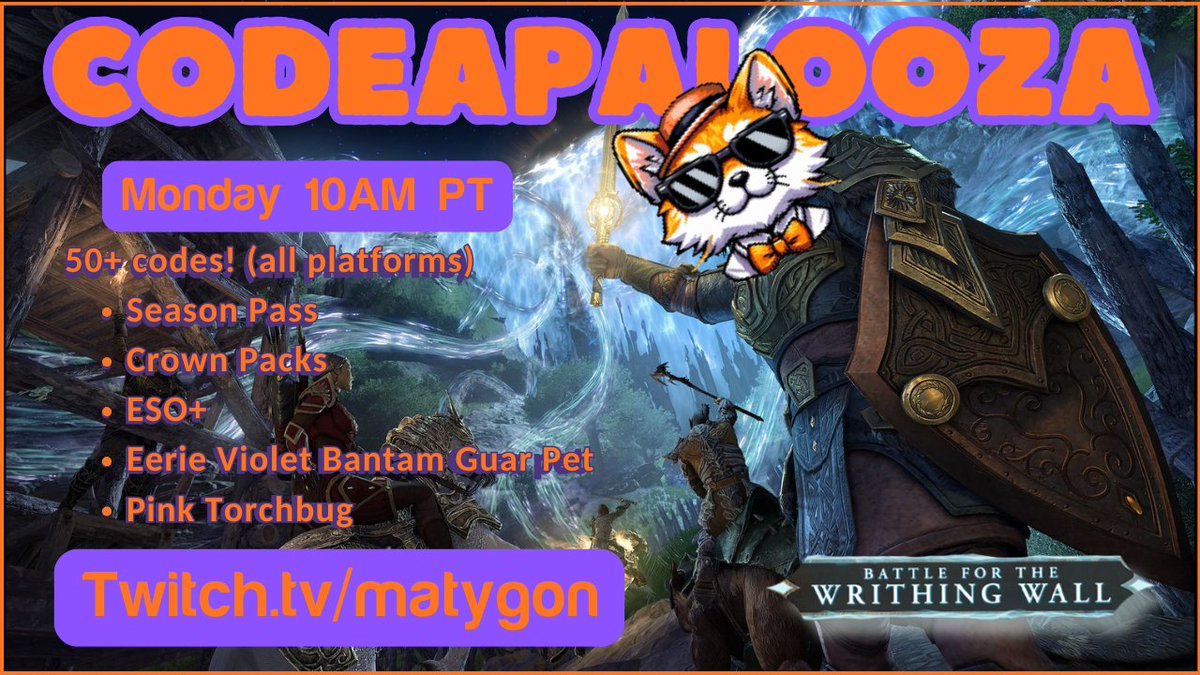 Hey ESO fans! You ready to bust down a wall?!
Well come hang with me on Monday for food, fun and ESO shenanigans. It will be a Wall to Wall (get it? lol) explosion of codes!
<a href="/TESOnline/">The Elder Scrolls Online</a> 
 twitch.tv/matygon