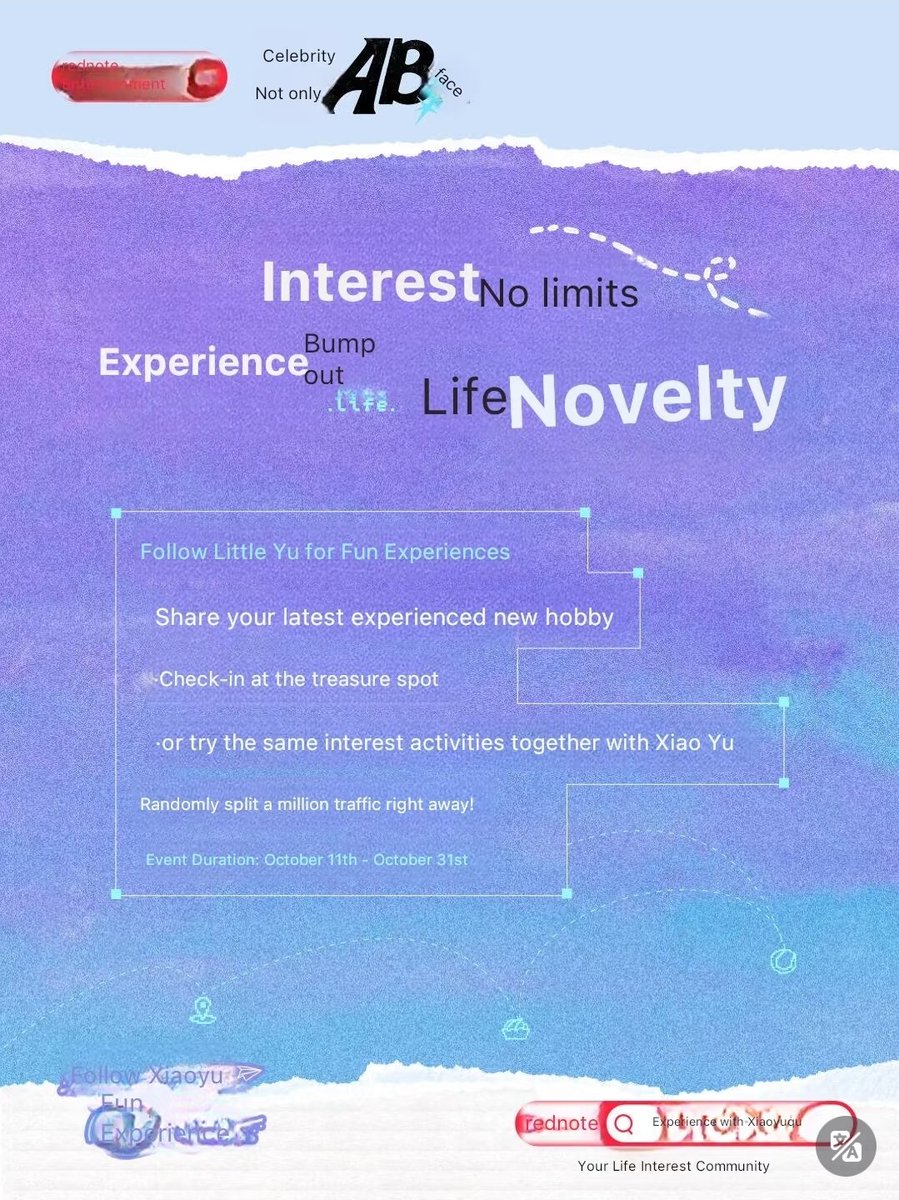 hanninnn10's tweet photo. Players, please log in! The Xiao Yu Interest Experience Server remains open.
https://t.co/hsrOF3TgCq
#whattodotoday Not enough for you? @我是梓渝 We're bringing you new interest copies to #experiencewithxiaoyuqu together. Log in to the exclusive interest map 🗺️
Starting today, follow Captain Xiaoyu's @我是梓渝 homepage to unlock the N ways to find happiness in life 🧩
⏰ Column Launch: Gradually updated from October 11th
📌 Find us at: @我是梓渝 rednote Personal Homepage
Unlimited interests, exciting experiences for a fresh take on life—whether it's exploring new territories, making small changes to your daily routine, or unlocking brand new possibilities by following your passions. Every attempt fueled by interest can add vibrant color to your ordinary days.
Use the hashtag #experiencewithxiaoyuqu to share your newly discovered hobbies, the hidden gems you've visited, or the same fun activities you tried with Xiao Yu, and you'll have a chance to win a share of the million views!