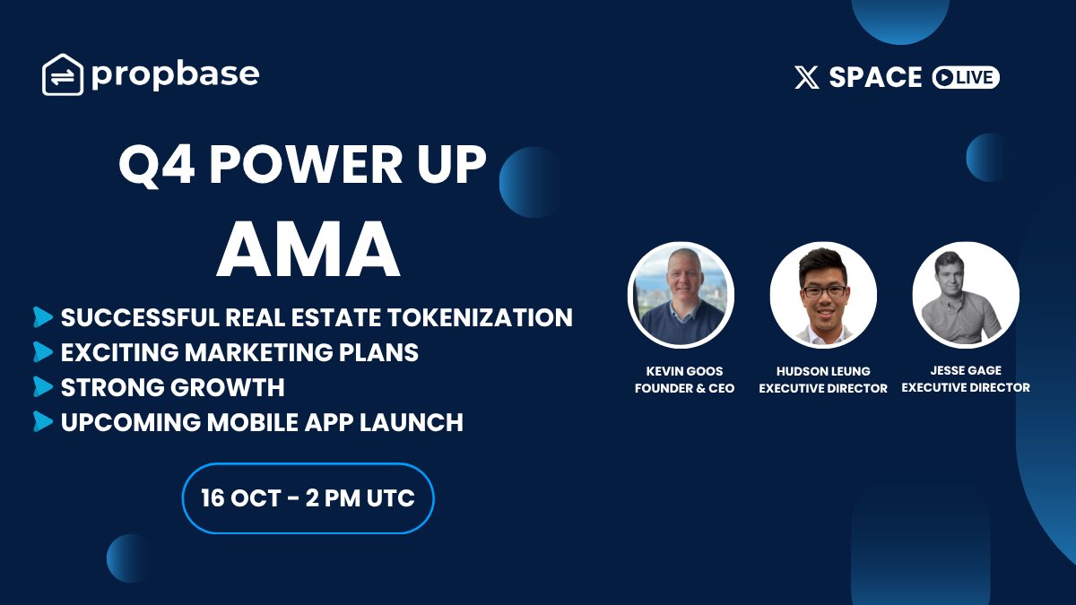 PropbaseApp's tweet image. 🎙️ Propbase X Spaces AMA is coming up!

Get ready to join the Propbase leadership team for an exclusive Ask Me Anything session, where we’ll dive deep into :

- Successful Real Estate Tokenization
- Exciting Marketing Plans
- Strong growth
- Upcoming Mobile App Launch

Q4 POWER…