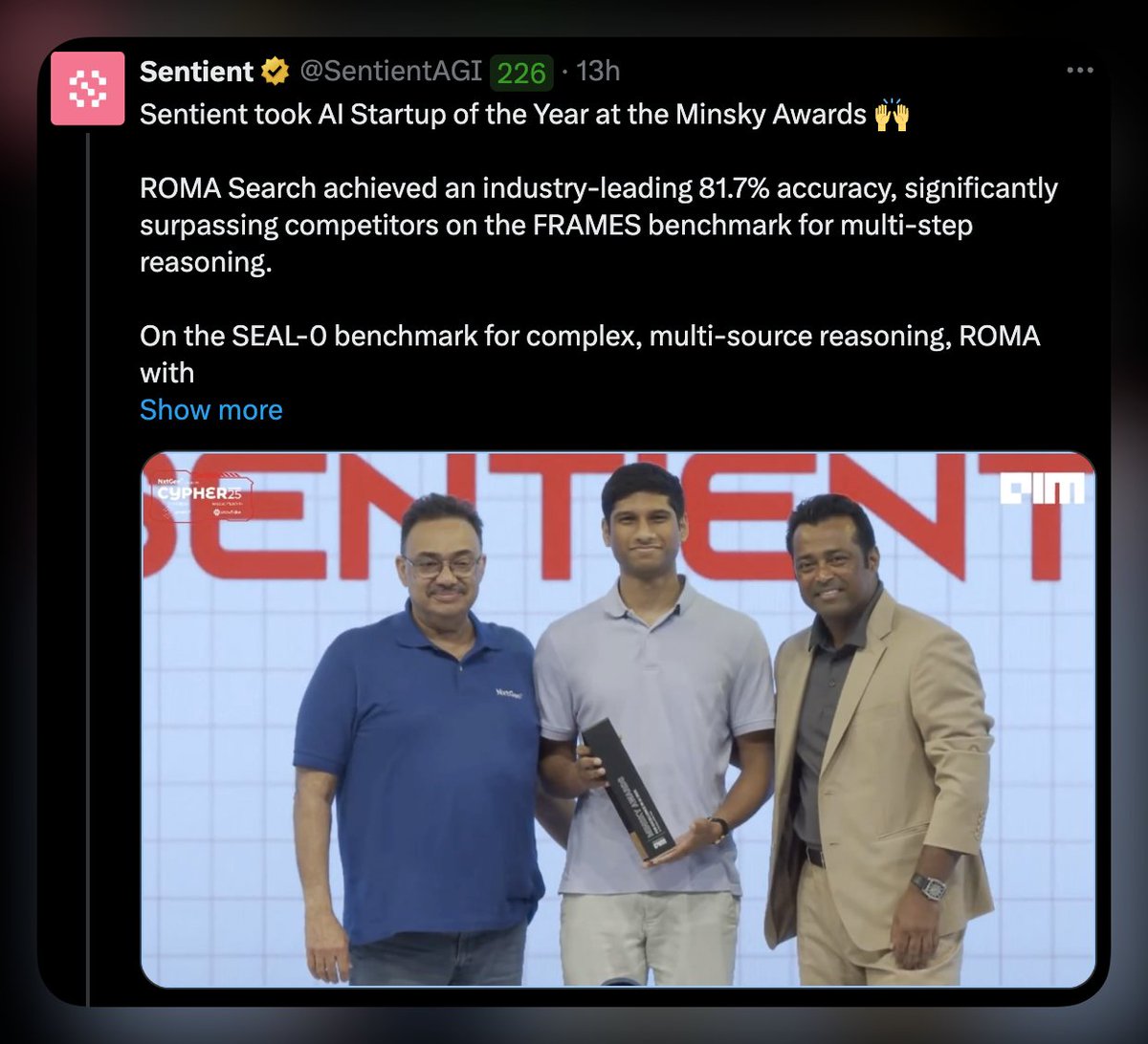 gomtu_xyz's tweet image. congrats to @SentientAGI  for winning the AI Startup of the year at Minsky Awards!

I&apos;m pretty sure this is plenty of reasons why you should get started with sentient.

are you fading on sentient?

super bullish on them :)
