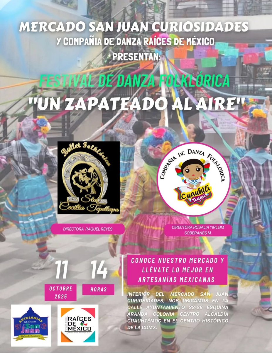 En el festival de danza "Un zapateado al aire" tenemos como invitada a la Compañía de danza Folklórica CUAUHTLI TEAASI! este sábado 11 de OCTUBRE del 2025💃✨
No te lo puedes perder! 🎉
A partir de las 2:00 pm Mercado SAN JUAN CURIOSIDADES. 
#artesaniasmexicanas
#danzafolklorica