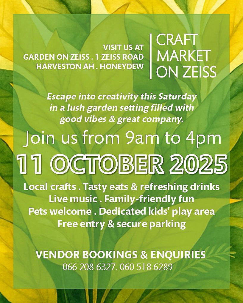 🌿✨ Tomorrow’s the day!
Join us at the Craft Market on Zeiss for a beautiful Saturday filled with creativity and good vibes! 🎨🌞
🛍️ Local crafts | 🍔 Tasty eats | 🎶 Live music | 🐾 Pets welcome | 👧 Kids play area
📍 Garden on Zeiss, 1 Zeiss Road, Honeydew
🕘 9am – 4pm