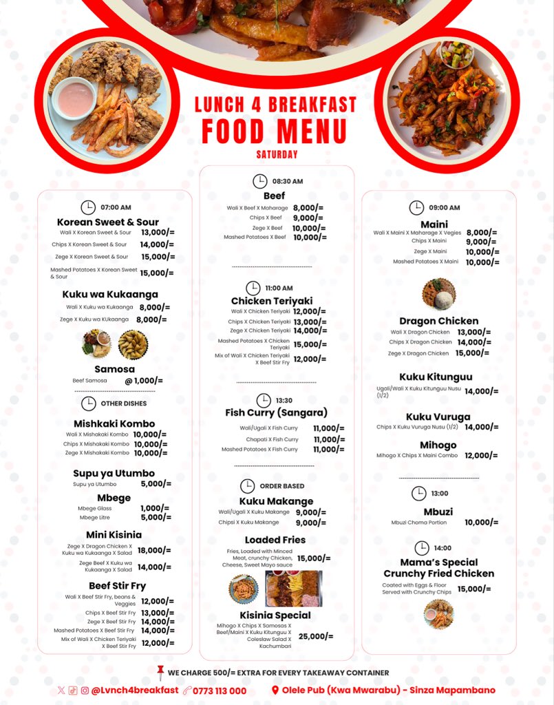 Saturday Menu.
Peep The Mbuzi in the Menu😍😍
📞: 0773113000 📍: Olele Pub (Kwa Mwarabu) Sinza Mapambano