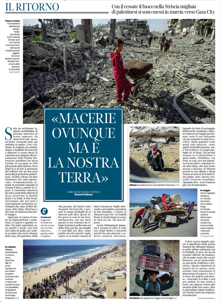 “Macerie ovunque, ma è la nostra terra”
Con il cessate il fuoco nella Striscia migliaia di palestinesi si sono messi in marcia verso Gaza City 
<a href="/GretaPrivitera/">greta privitera</a>, <a href="/Corriere/">Corriere della Sera</a>
