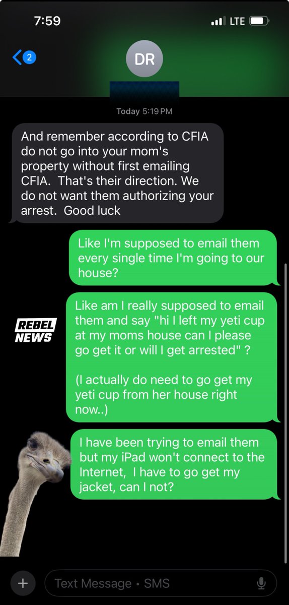 BREAKING OSTRICH FARM NEWS:

Unbelievable overreach!

FYI, the CFIA hasn’t just seized the farmers’ land they’ve also taken control of a large portion of their neighbours’ property (who are also family).

Alyson Turnbull, cousin of farmer Katie Pasitney, shared this conversation