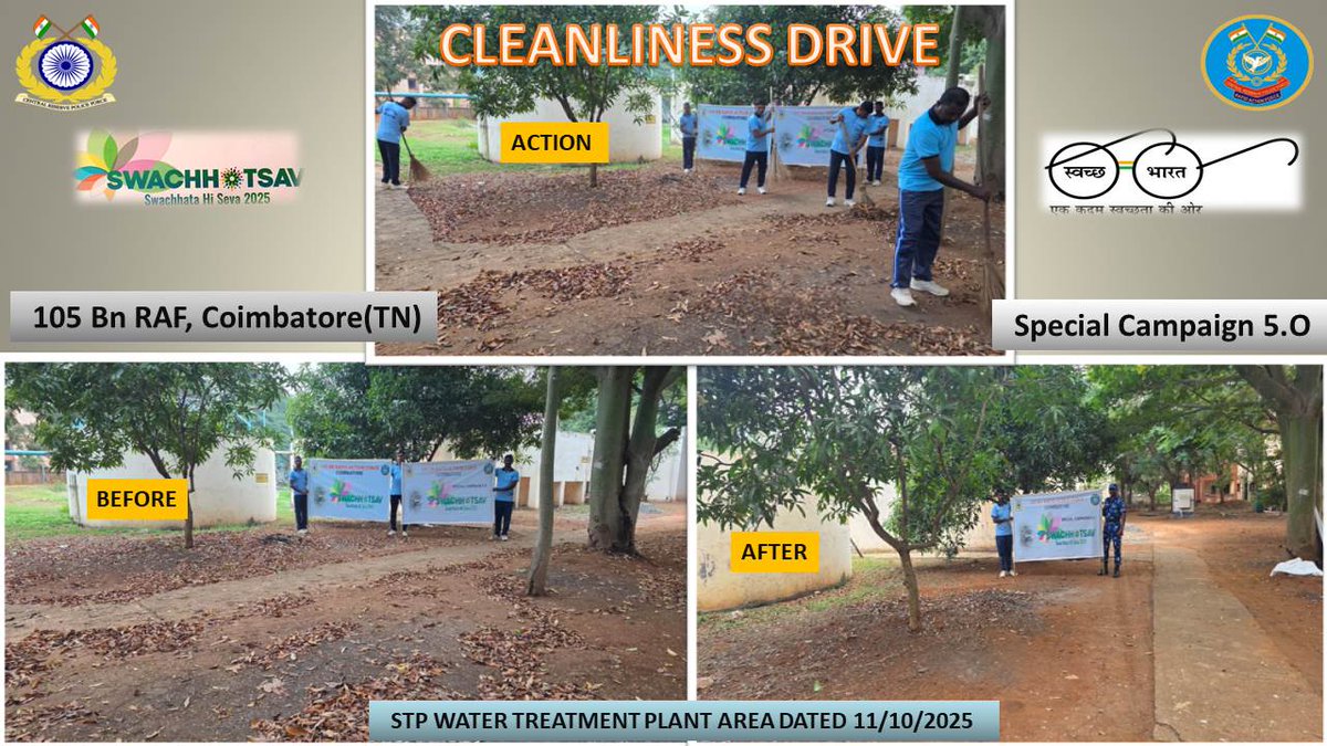 "Sky High One Zero Five leads the way!"
As part of Special Campaign 5.0 to institutionalise Swachhata, personnel of 105 BN RAF, Coimbatore organised a cleanliness drive in the STP area on 11/10/2025.
#SpecialCampaign5_0