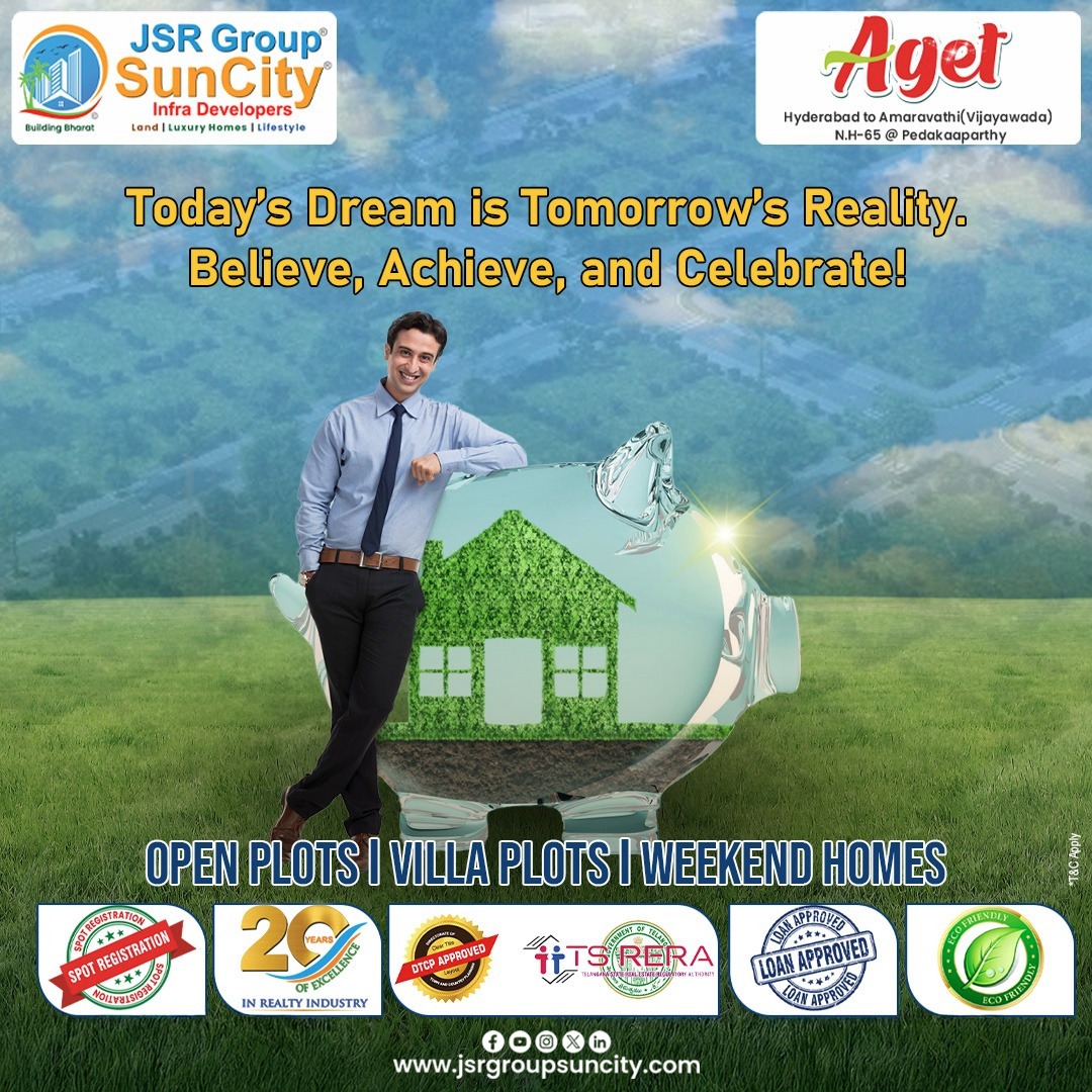 jsrgroup2's tweet image. Today’s Dream is Tomorrow’s Reality!
Own your future at Aget Venture, Peddakaparthy — a DTCP &amp;amp; RERA-approved project by JSR Group Suncity on NH-65.
🏡 Ready-to-build plots | 🛣️ Excellent Connectivity | 🌳 Green Spaces | 📈 Near Amaravathi Region.
#AgetVenture #InvestInLand #plots