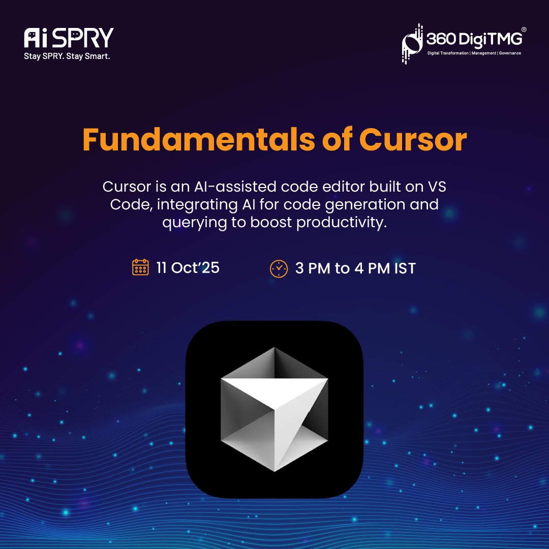 360digitmg's tweet image. 🚀Fundamentals of Cursor | 360DigiTMG

📅 Date: 11th October 2025
🕓 Time: 3:00 PM IST

👉 Tap the link below to join the session:
🔗 youtube.com/live/tfT47GJyD…

👇 SUBSCRIBE TO 360DigiTMG’s YOUTUBE CHANNEL NOW 👇
youtube.com/@360DigiTMG?su…

#SQL #DatabaseManagement #CursorFundamentals