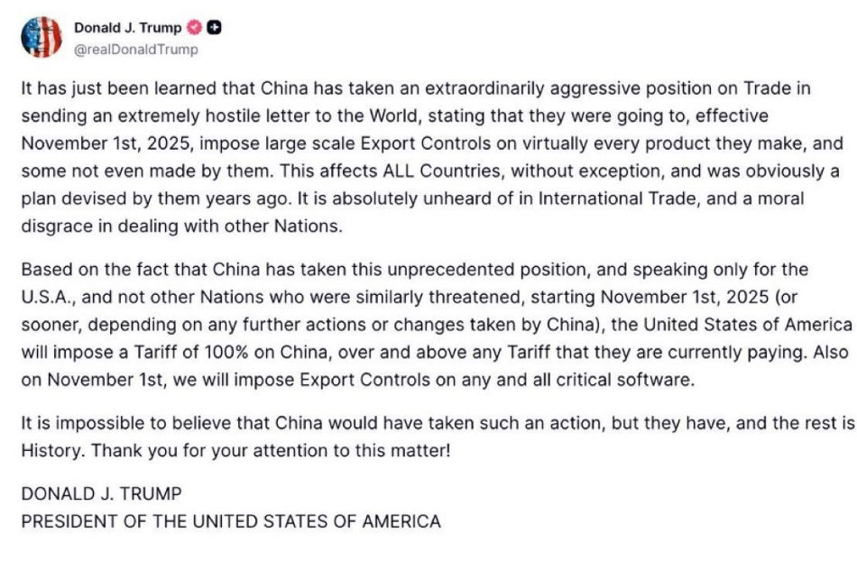 Graywolfmka1981's tweet image. #Trump announced that as of November 1, it will apply an additional 100% #customstariff to all taxes applied to #China.

In addition, #export restriction is coming to all critical software on November 1.

#Markets turned into #cryptos bloodbath.