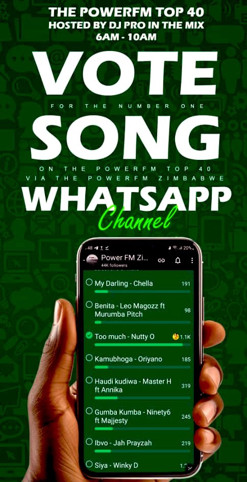 powerfmzimbabwe's tweet image. Don’t be left out, our voting platform is LIVE! Vote for and see your clear favourite on our WhatsApp channel. Simply follow and vote 🗳️ on +263712831172.
Predict this week’s top 3 in the comments #feelthepower #top40chartshow
