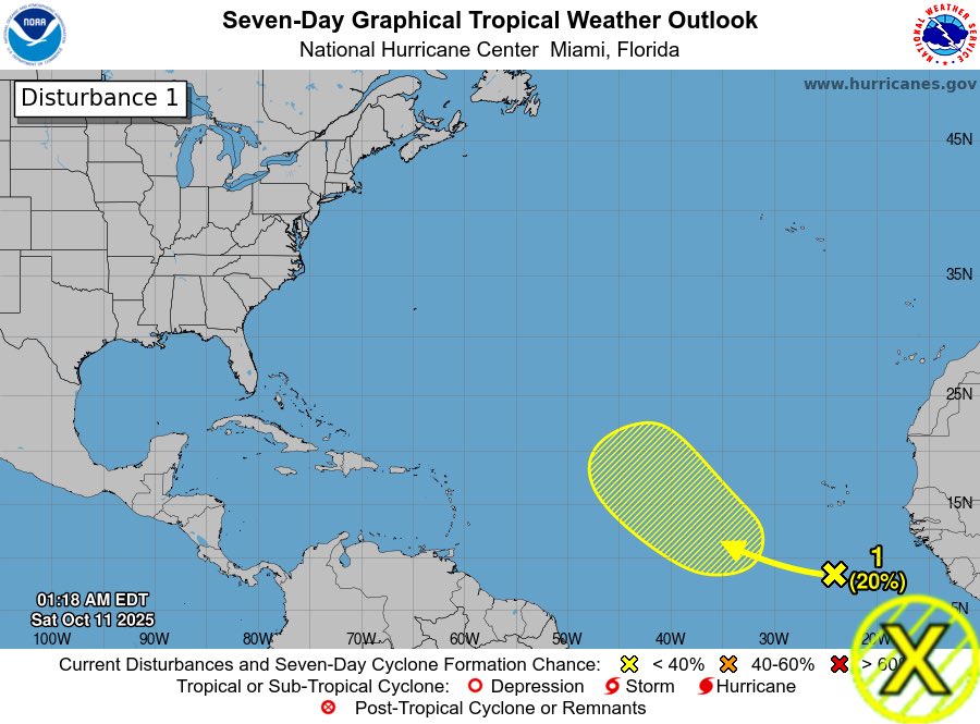 TrevorTropicsWX's tweet photo. ATL #HurricaneSeason2025 2am EDT
New AOI has an 0% chance to become a TC in 2 days and 20% in 7 days
No threat to land is expected
Next invest no:#Invest97L/#97L/#AL97
Next name:#Lorenzo
#wxX #wxtwitter #Tropicswx #Tropicalwx #Tropics #Hurricaneseason #Hurricane #TropicalUpdate