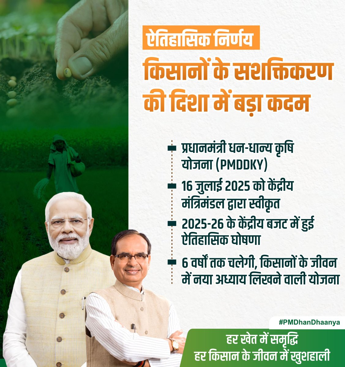 mppchaudhary's tweet image. प्रधानमंत्री धन-धान्य कृषि योजना के साथ भारत आत्मनिर्भर कृषि की दिशा में आगे बढ़ेगा जहां हर किसान समृद्ध होगा और हर खेत हरियाली से लहलहाएगा। #PMDhanDhaanya
#NarendraModi 

@narendramodi @PMOIndia @ChouhanShivraj @AgriGoI