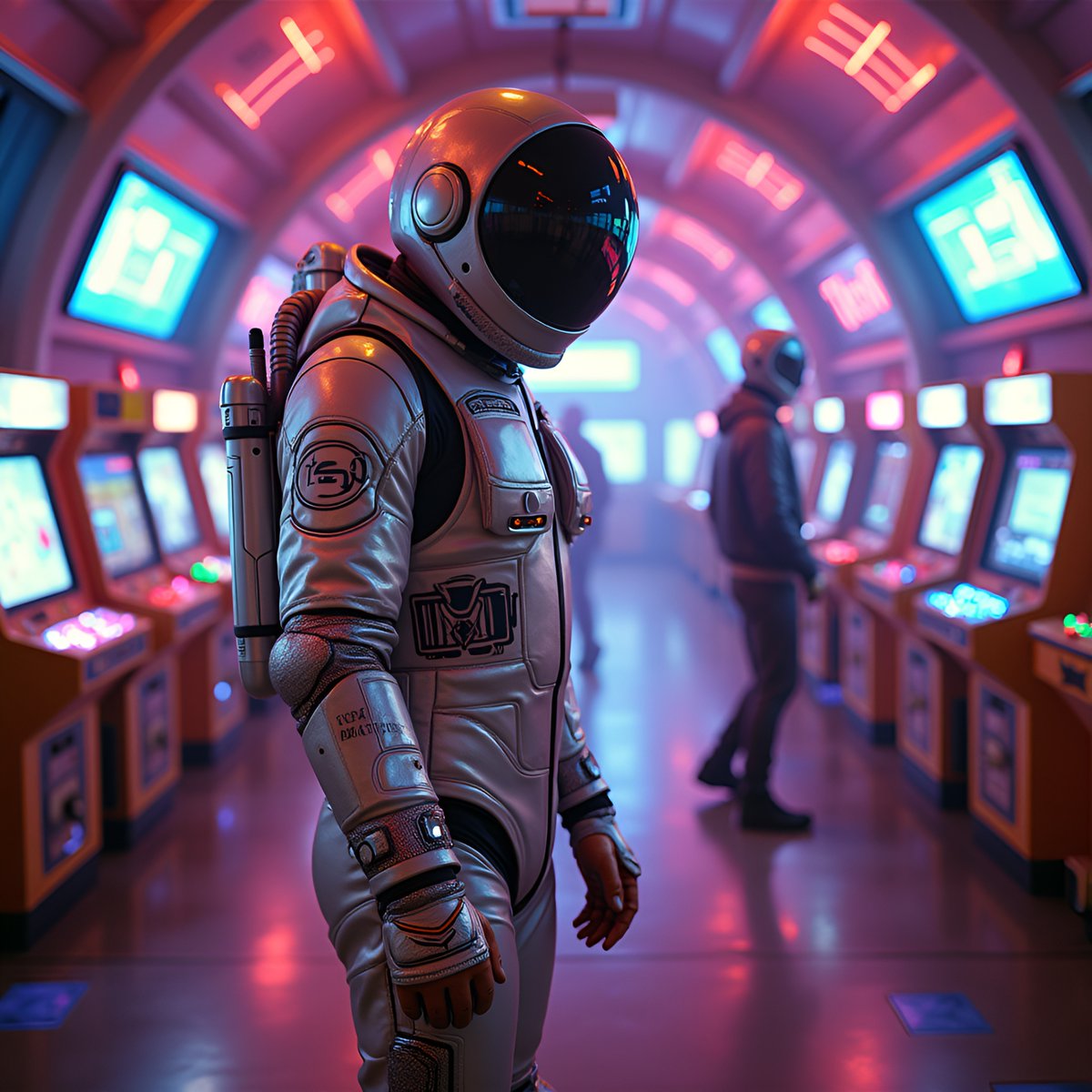 PromptSin's tweet image. Lost in space… or just an arcade adventure? 🎮🚀 Tag a friend to join the game! #FutureVibes #ArcadeLife