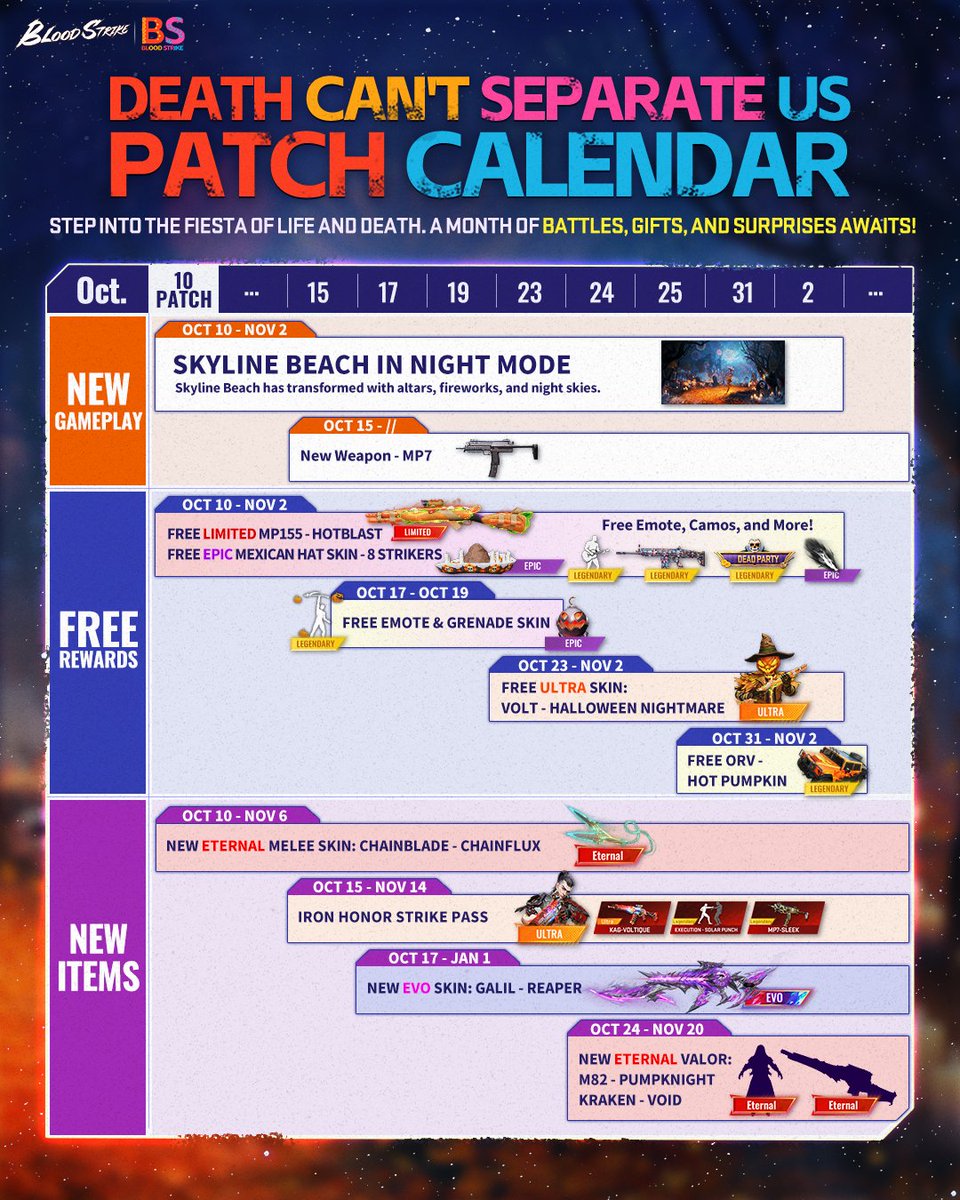 Check out the full calendar for the "Death Can't Separate Us" patch!

#BloodStrike #BS