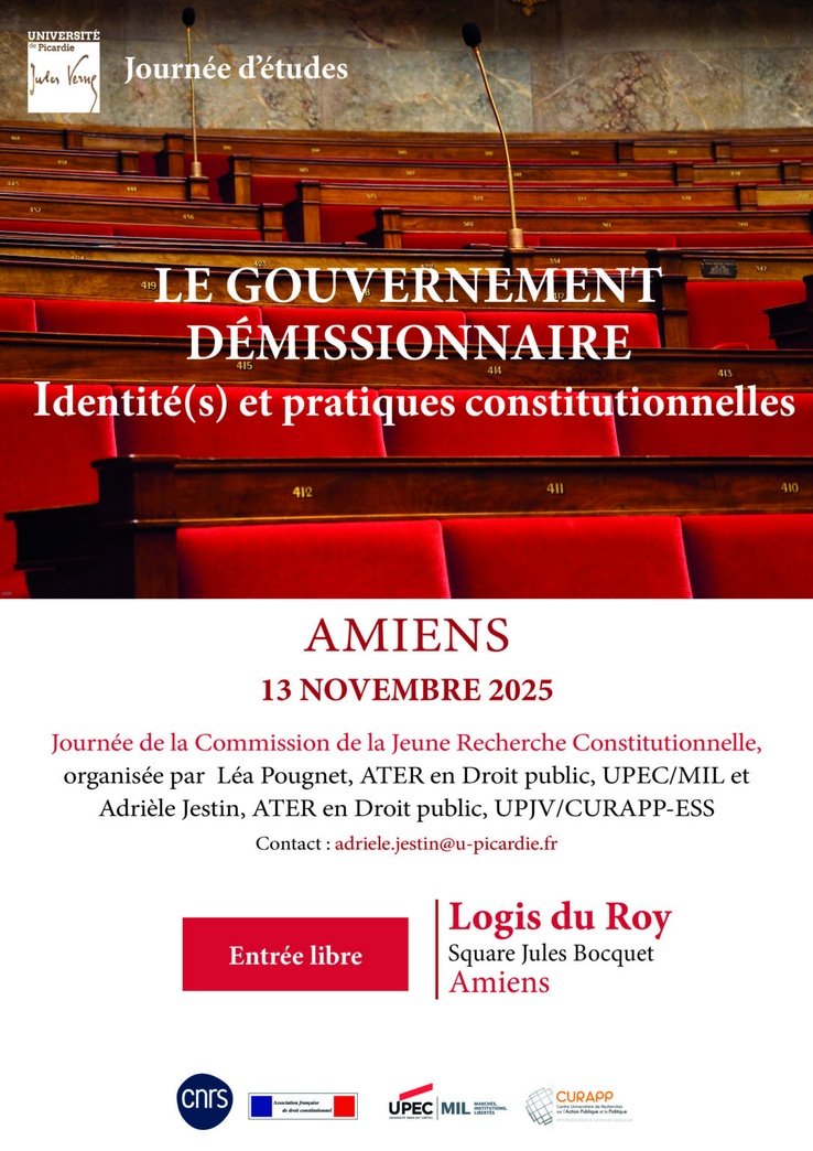 Le gouvernement démissionnaire. Identité(s) et pratiques constitutionnelles. Colloque <a href="/Asso_AFDC/">AFDC</a> à Amiens, le 13 novembre.
univ-droit.fr/recherche/actu…