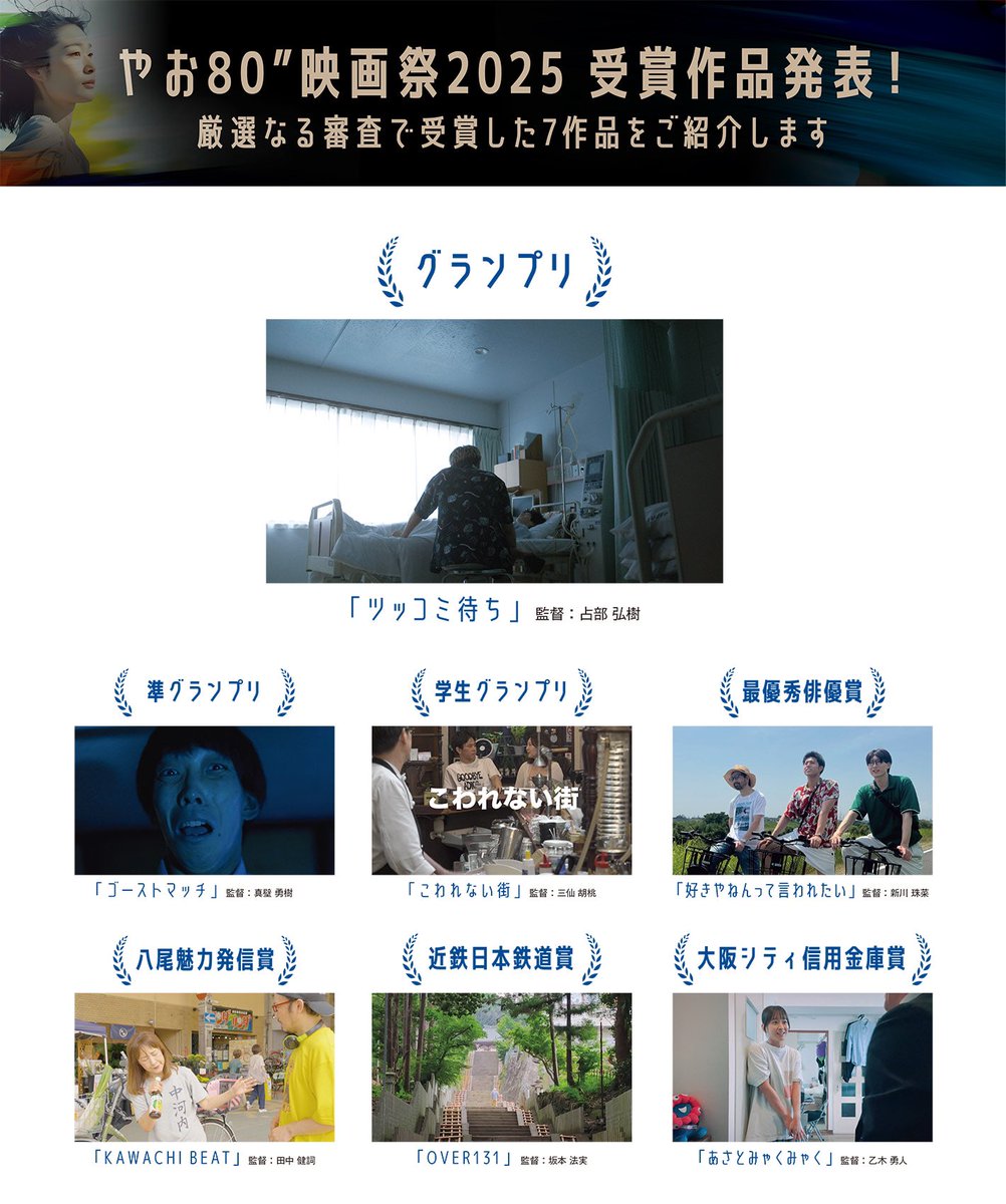 wataibashin's tweet photo. 「やお80"映画祭2025」のグランプリ受賞作品、占部払樹監督『ツッコミ待ち』はとても泣けるし、八尾魅力発信賞受賞作品、田中健詞監督『KAWACHI BEAT』も面白い。

https://t.co/cBBtHBVQD5 https://t.co/sPbTaPjEfR