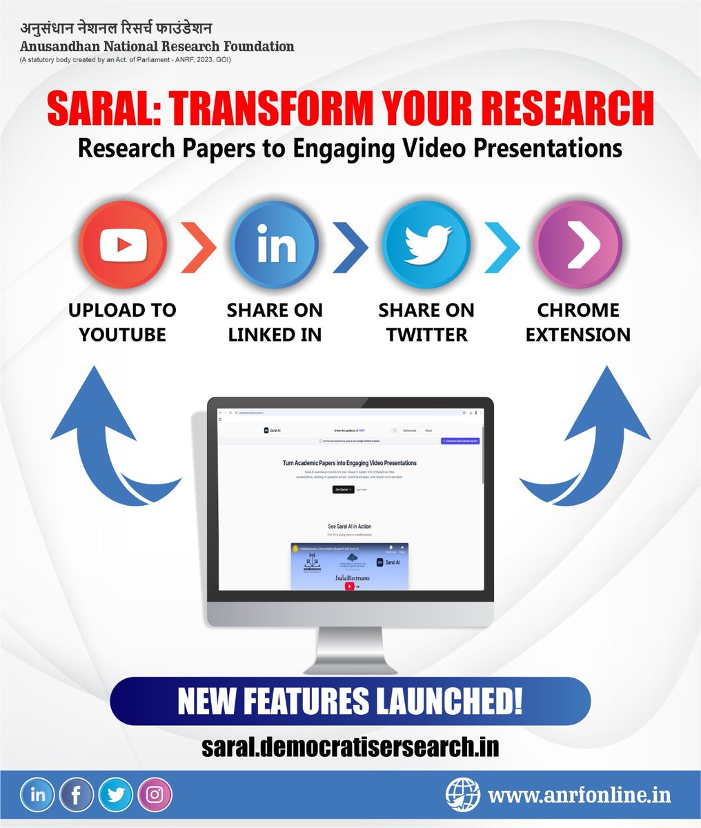Make research communication simpler, smarter &amp; inclusive with SARAL AI — Simplified &amp; Automated Research Amplification &amp; Learning!

Now with:
🎥 1-click ArXiv video generation
📄 PDF→Video
📤 YouTube &amp; social share

🔗 saral.democratiseresearch.in