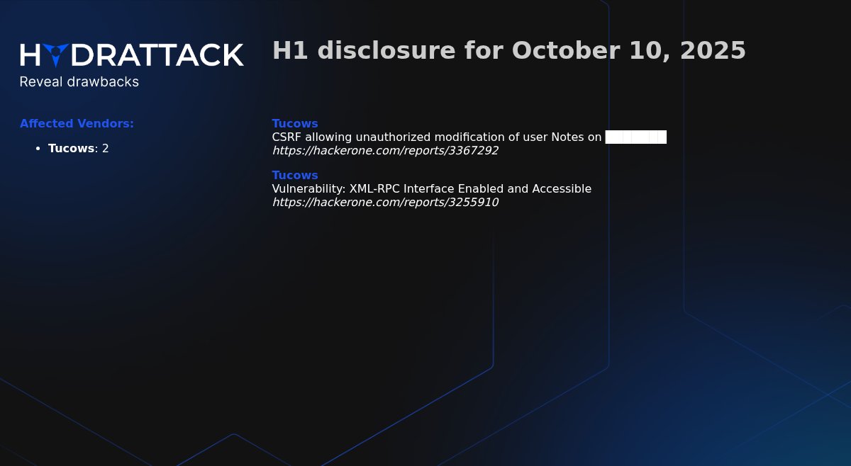 EASM_HydrAttack's tweet image. #HackerOne (h1) disclosure report for October 10, 2025:

Tucows: 2

#h1 #report #vulnerabilities #hydrattack

More details: t.me/HydrAttack