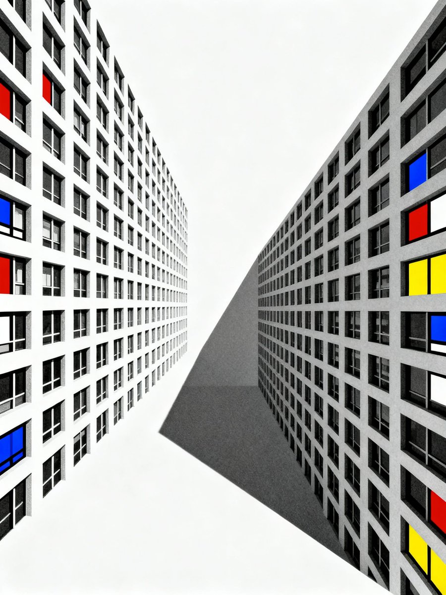 p_chusaengsri's tweet image. Two angular, modern buildings with colorful windows in red, blue, and yellow cast shadows on a light gray background.
#ModernArchitecture #ColorfulDesign #AngularBuildings #UrbanShadows #ArchitecturalArt