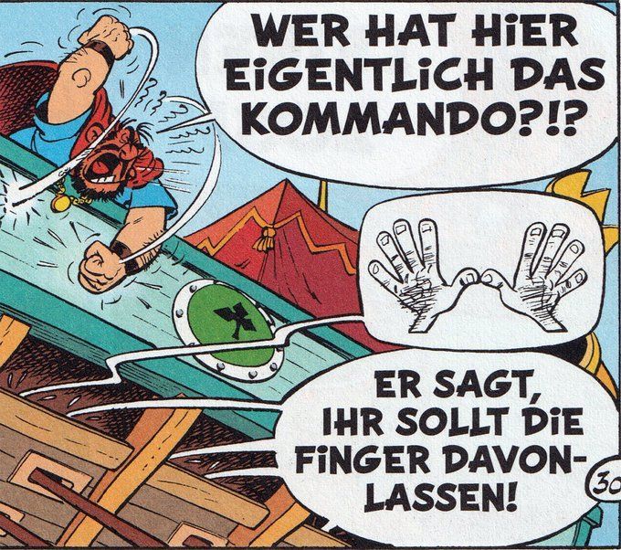 Carpe momentum - das #Zitat des Augenblicks: "Und wenn dieser Ägypter wieder seinen Senf dazugibt, werf ich ihn über Bord!!!" Römischer Kapitän in #Asterix als Legionär, Seite 35.