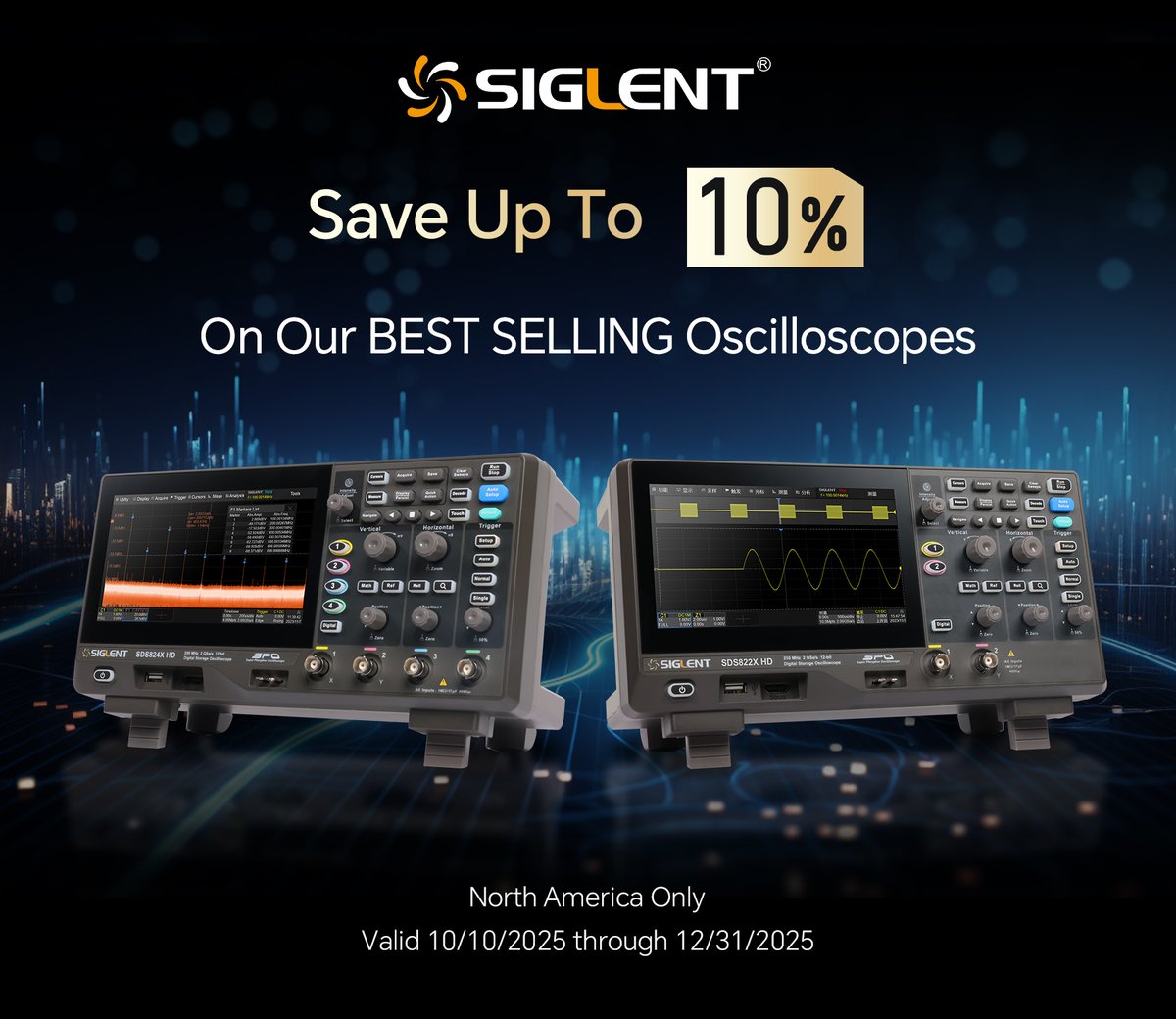 Siglent_Tech's tweet image. Don’t miss out! For a limited time and in select areas, get up to 10% off SIGLENT’s SDS800X HD Series oscilloscopes—precision and performance at an unbeatable value. Learn more about this special offer: siglentna.com/news-article/s…

#promotion #sales #Siglent #oscilloscope