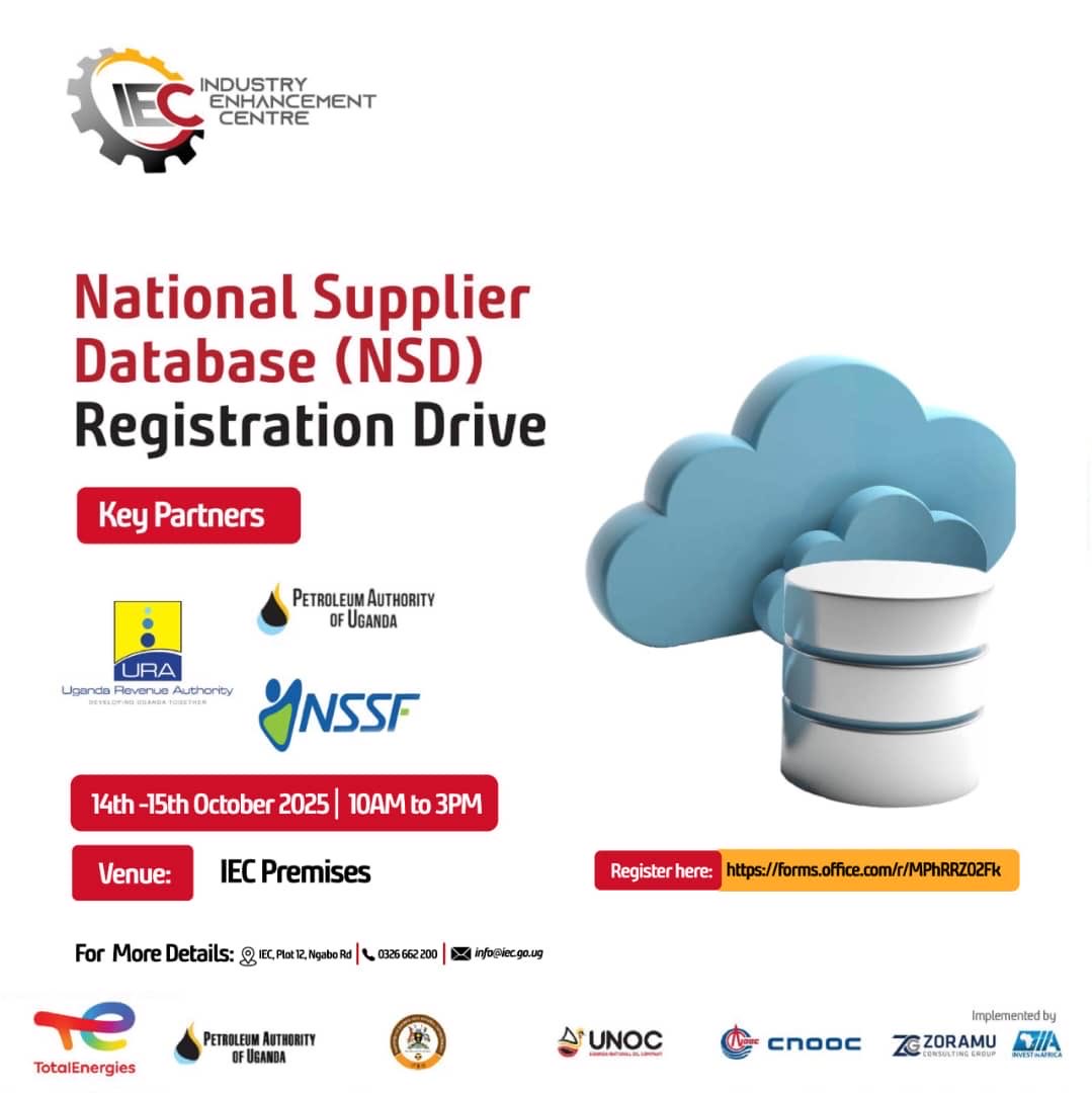 <a href="/IECUganda/">The Industry Enhancement Centre</a> invites all suppliers to participate in the National Supplier Database (NSD) 

Registration Drive scheduled for 14th–15th October 2025, from 10:00 AM to 3:00 PM at the IEC Premises.

This initiative, in partnership with <a href="/URAuganda/">Uganda Revenue Authority</a> , <a href="/nssfug/">NSSF Uganda</a> , and the <a href="/PAU_Uganda/">PAU_Uganda</a> 

🔗