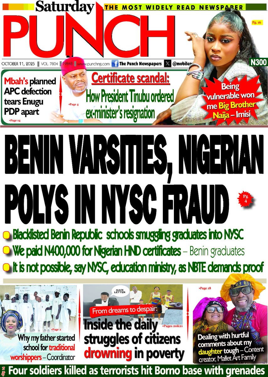 BoroBenBoro's tweet image. Just published: Nigerian newspaper headlines and front pages for today, Saturday, October 11, 2025. 

#BreakingNews #NewspaperHeadlines #Headlines #FrontPages #Nigeria