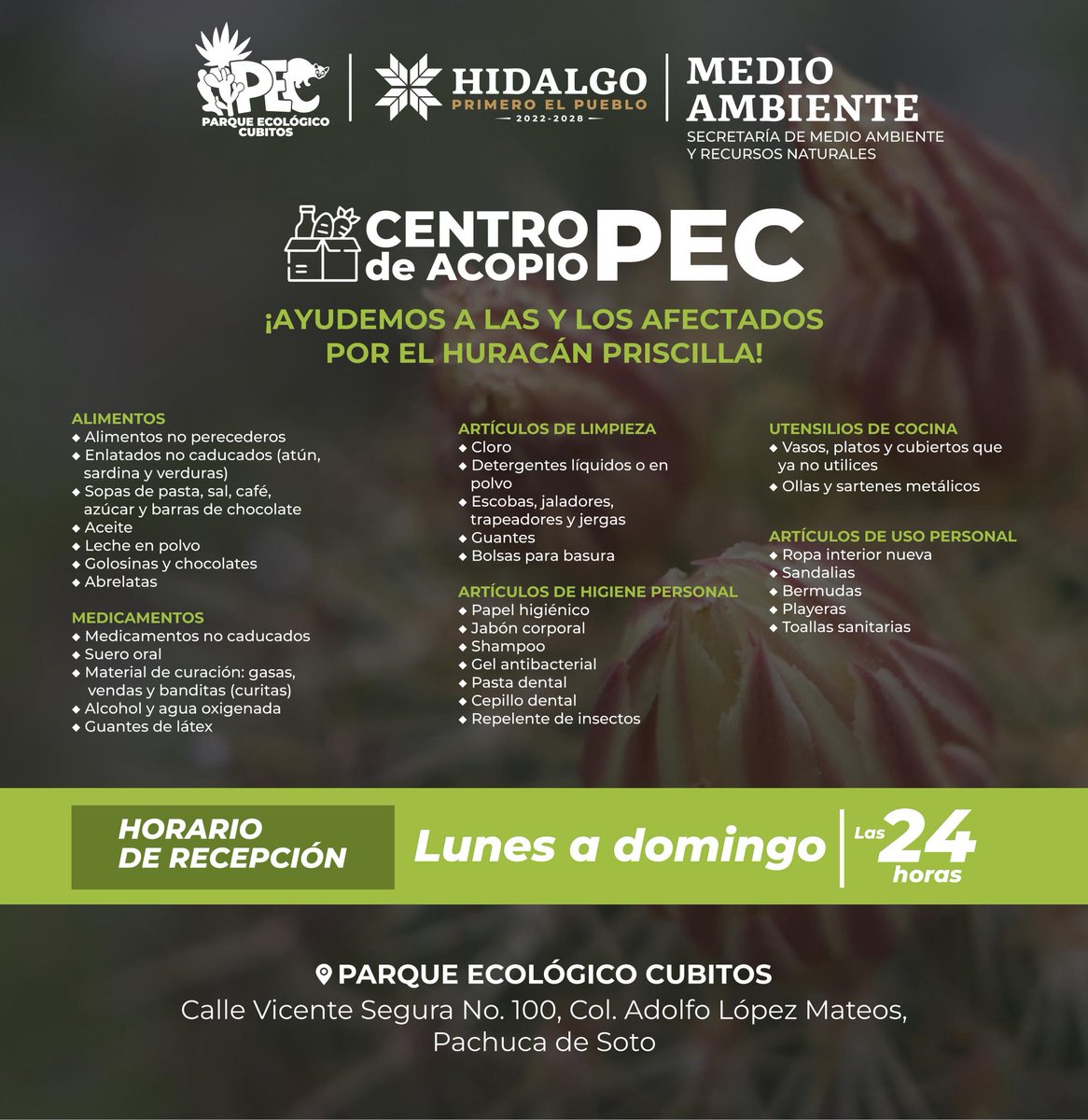 gobiernohidalgo's tweet photo. ¡Atención! 📣

El Parque Ecológico Cubitos es centro de acopio 🍴 🧃 unamos esfuerzos en beneficio de la población damnificada.
Estará en función las 24 horas del día.

¡Ayúdanos a pasar la voz! https://t.co/qPXfNJVIKe