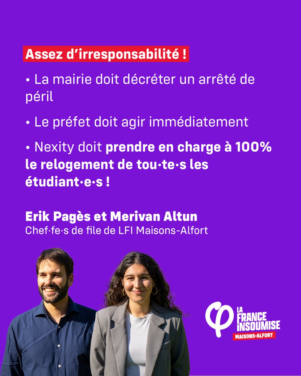 RASSEMBLEMENT DE SOUTIEN
Dimanche 12 octobre à 17h, 
devant la résidence 30 rue Eugène Renault.
Aucun.e résident.e ne doit être laissé à la rue !

#MaisonsAlfort #LFI #etudiant #nexity