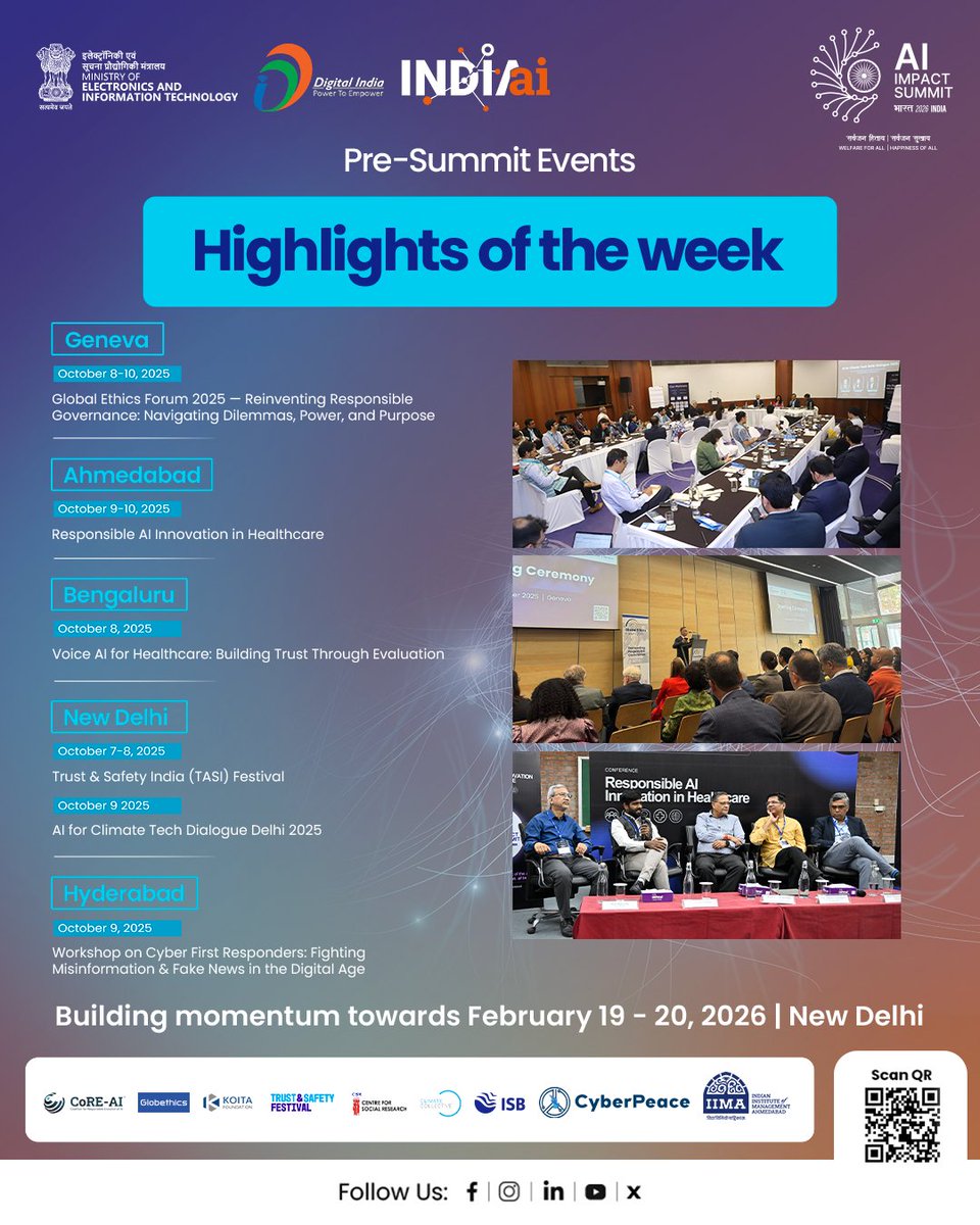 Building momentum towards the India–AI Impact Summit 2026, this week’s pre-summit events continued to shape conversations on responsible and impactful AI across sectors and geographies.

To host pre-summit events &amp; register: impact.indiaai.gov.in/home/pre-summi…  

#IndiaAIImpactSummit2026