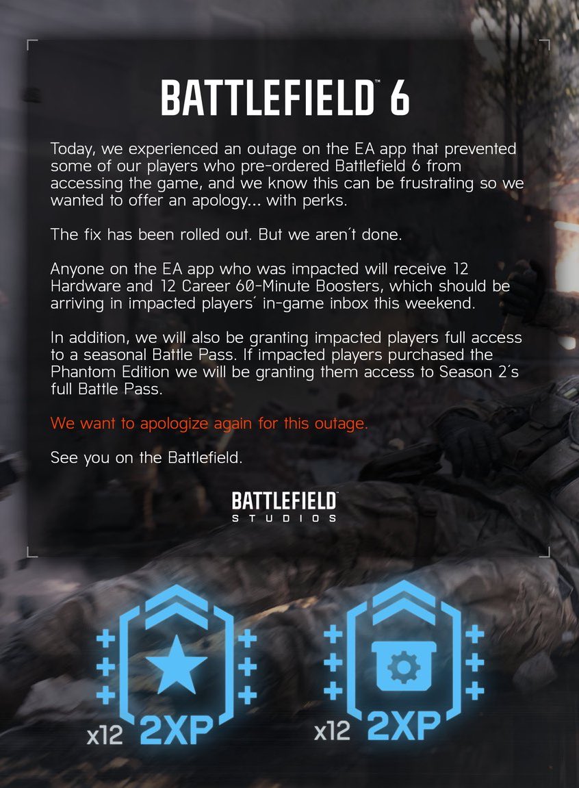 zen3D_x's tweet photo. Massive green flag and more than enough to make up for the delay.

This is the communication and post-launch support that's needed and makes a game successful. Love to see it.

Thanks @EA_DICE and @Battlefield

#BF6 #Battlefield6 #EAapp https://t.co/QHbZY28tEg