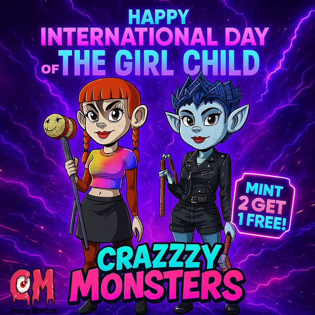CrazzzyMonsters's tweet image. 💥 Happy International Day of the Girl Child! 💥

To celebrate, we’re running a 24H Mint Incentive!

✨ Mint 2 Crazzzy Monsters and get 1 FREE  (yes, you can stack it up!)
💪 Embrace the power of a girl.
🔥 Mint now: mint.crazzzymonsters.com

#InternationalDayoftheGirl…