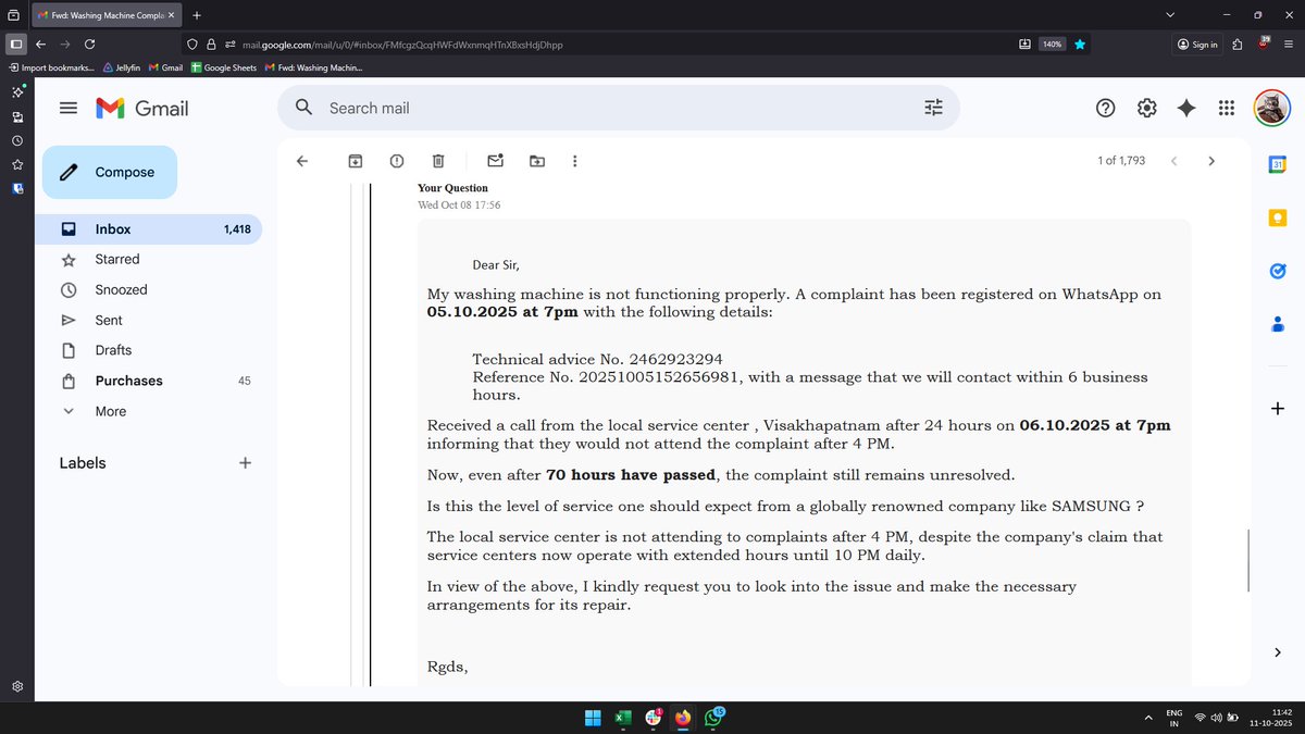 narayan9deep's tweet photo. @SamsungIndia @Samsung 
Service request nos. 1201775664 and 4422915316

Date of complaint: 5 Oct 2025

The complaint has not been attended, despite regular follow-ups with the Service Head Office, and even after writing to CEO on support website. 

#SamsungFraud #SamsungScam https://t.co/Te5DZVQNa7
