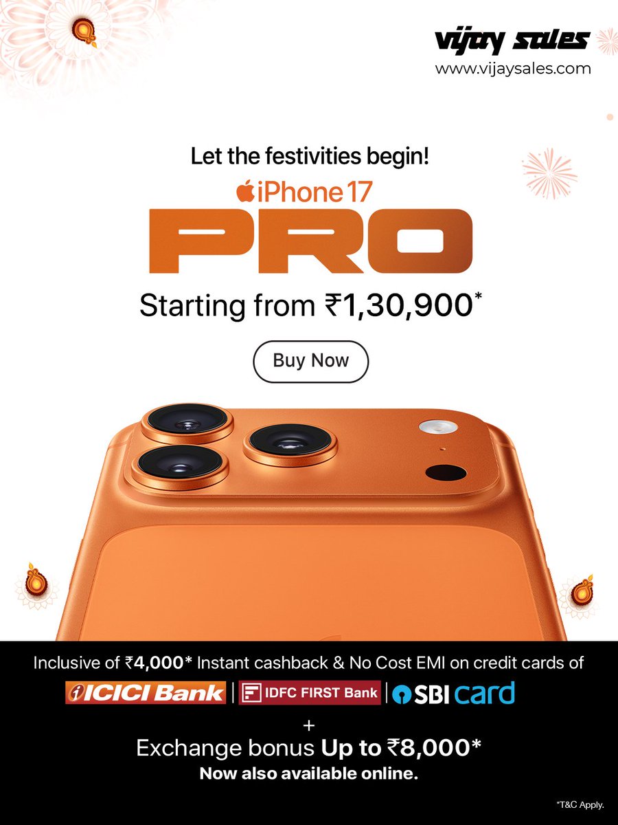 VijaySales's tweet photo. A Pro experience is awaiting you!📱
Shoot, scroll, and stream like never before with iPhone 17 Pro.
Get yours today at Vijay Sales stores or website!
#VijaySales #Apple #iPhone17Pro #FestiveOffers #FestiveShopping #GrabItNow #LatestLaunches #BestDeals #BuyNow #ShopNow https://t.co/R2wKmTj8g6