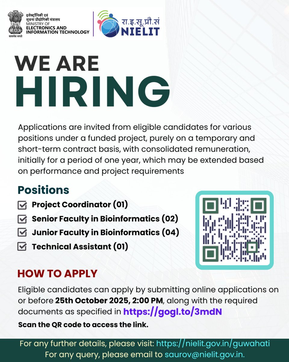 GUW_NIELIT's tweet image. #Bioinformatics Job Opportunities at #NIELIT Guwahati
Visit: