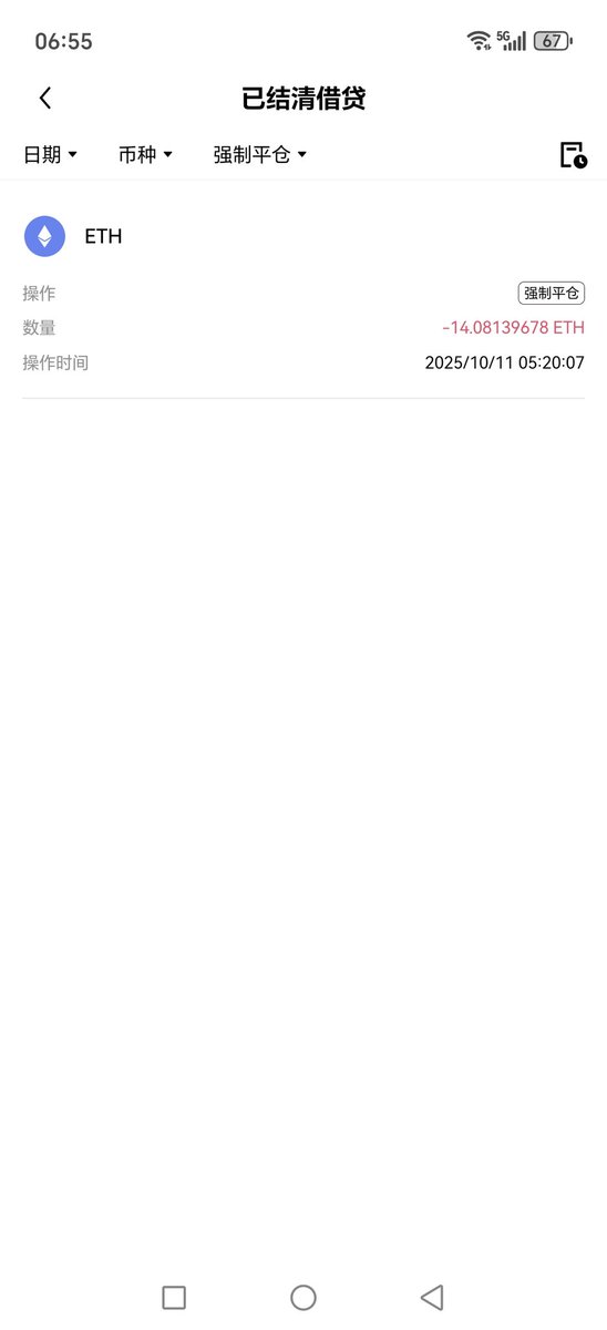 昨晚爆仓了，爆了14个eth和161个okb，整体8万多刀，欧易的借贷订单借u是合并订单的，昨晚被okb下跌太大拖累了造成整体爆仓，如果是分开订单eth是不会爆仓的，亏损严重又要重新开始了！