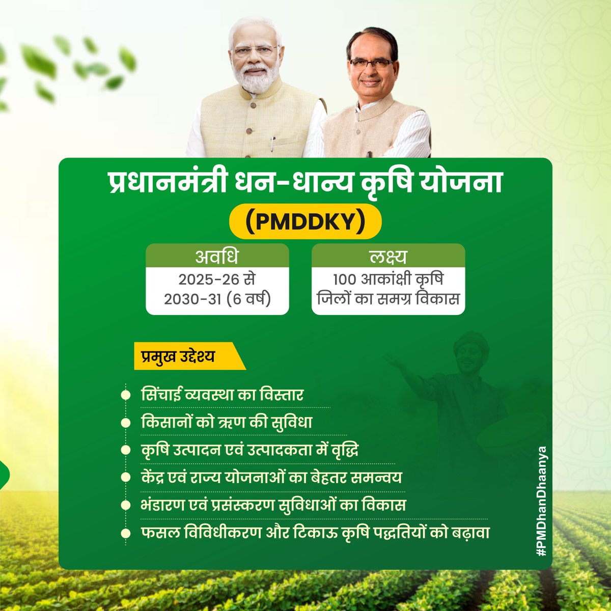 प्रधानमंत्री धन-धान्य कृषि योजना (PMDDKY)

अवधि – 2025-26 से 2030-31 (6 वर्ष)
लक्ष्य – 100 आकांक्षी कृषि जिलों का समग्र विकास

<a href="/ChouhanShivraj/">Shivraj Singh Chouhan</a>  <a href="/narendramodi/">Narendra Modi</a>  #PMDhanDhaanya