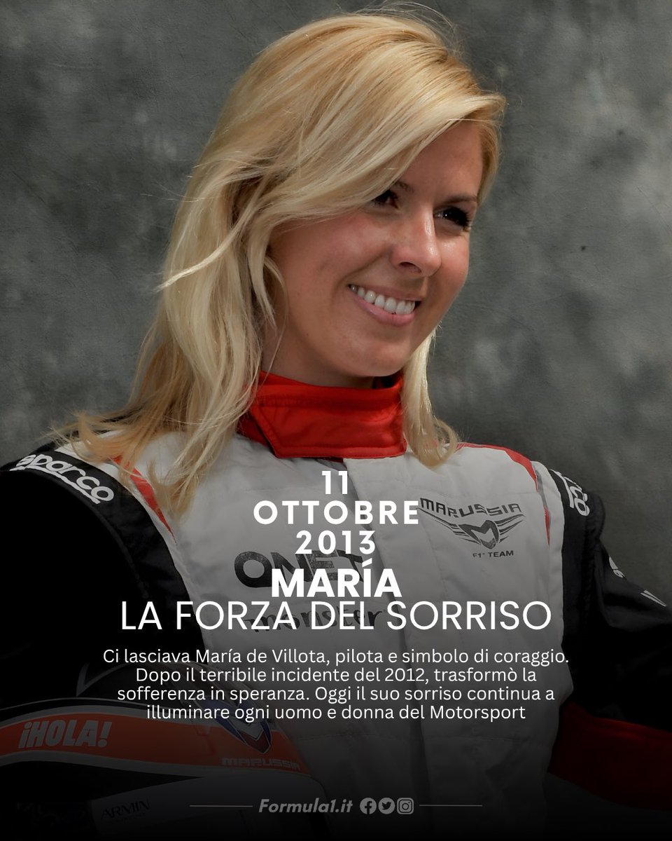 Formula1WM's tweet image. Era l’11 ottobre 2013 quando il mondo Motorsport si fermò per piangere María de Villota. Aveva solo 33 anni, eppure la sua storia aveva già lasciato un’impronta profonda: quella di una donna che aveva trasformato la sofferenza in forza, la tragedia in testimonianza di vita.…